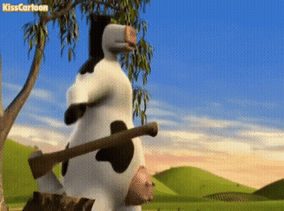Cartoon Cow Holding Axe In Field With Kisscartoon GIF