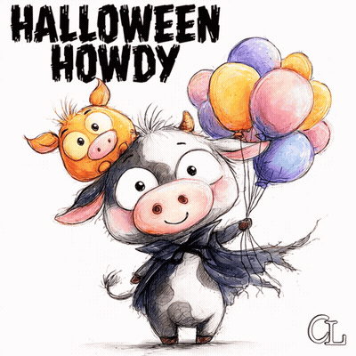 Cartoon Cow Holding Balloons Halloween Howdy GIF