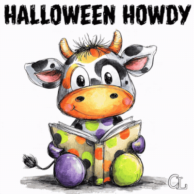 Cartoon Cow Reading Book Halloween Howdy GIF