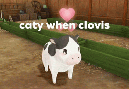 Cartoon Cow With Pink Heart And Words Caty When Clovis GIF