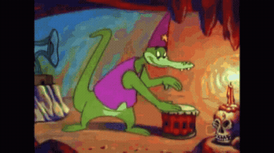 Cartoon Crocodile Playing Drum In Front Of Skull GIF
