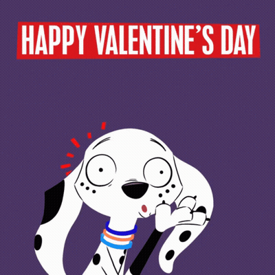 Cartoon Dalmatian Says Happy Valentine's Day On Purple Background GIF
