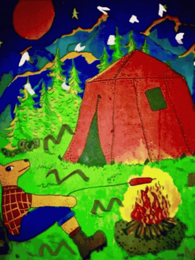Cartoon Deer Roasting Sausage Over Campfire By Tent GIF