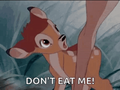 Cartoon Deer Saying Don't Eat Me Beside Woman's Leg GIF