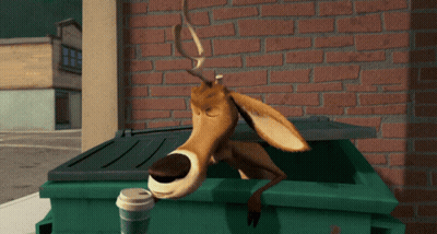 Cartoon Deer Sticking Head Out Of Green Trash Can GIF