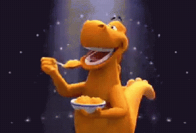 Cartoon Dinosaur Holding Bowl Of Food GIF