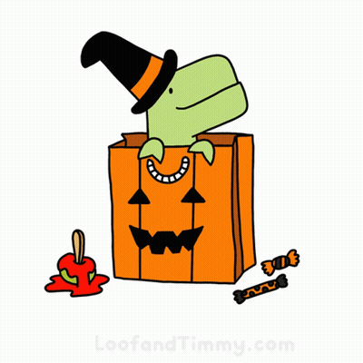 Cartoon Dinosaur In Witch Hat Coming Out Of Halloween Bag GIF
