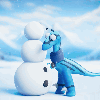 Cartoon Dinosaur Next To Snowman GIF