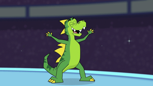 Cartoon Dinosaur On Stage Arms In Air GIF