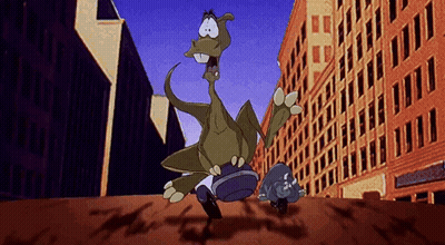 Cartoon Dinosaur Running Down City Street GIF