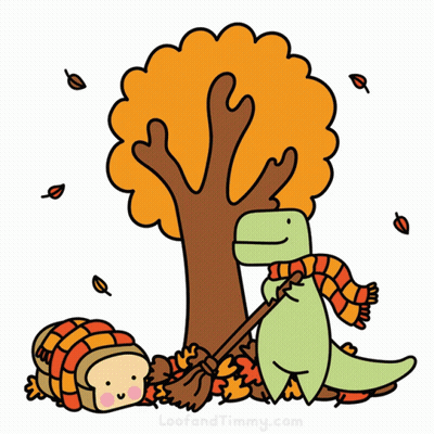 Cartoon Dinosaur Wearing Scarf Beside Tree GIF