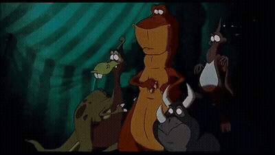 Cartoon Dinosaurs Standing Together In Dark Room GIF