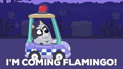 Cartoon Dog Driving Police Car Saying I'm Coming Flamingo GIF