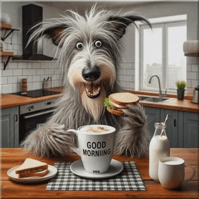 Cartoon Dog Eating Sandwich And Drinking Coffee GIF