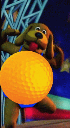 Cartoon Dog Holding Big Yellow Ball In Mouth GIF