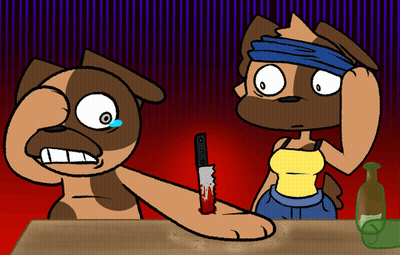 Cartoon Dog Holding Bloody Knife With Woman GIF