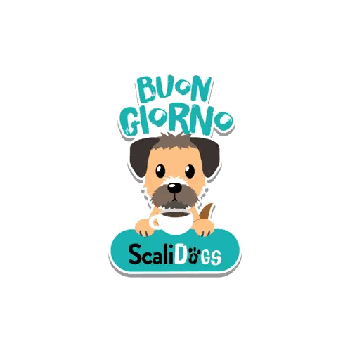 Cartoon Dog Holding Coffee Buon Giorno Scalidogs Sticker