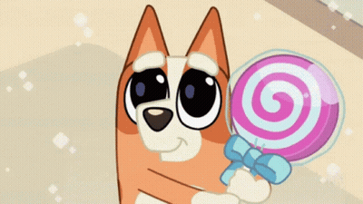 Cartoon Dog Holding Pink And White Lollipop With Blue Bow GIF