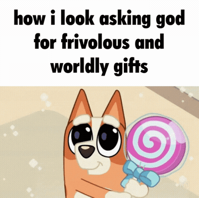 Cartoon Dog Holding Pink Lollipop Asking God GIF