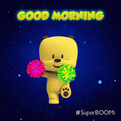 Cartoon Dog Holding Pom Poms Saying Good Morning GIF