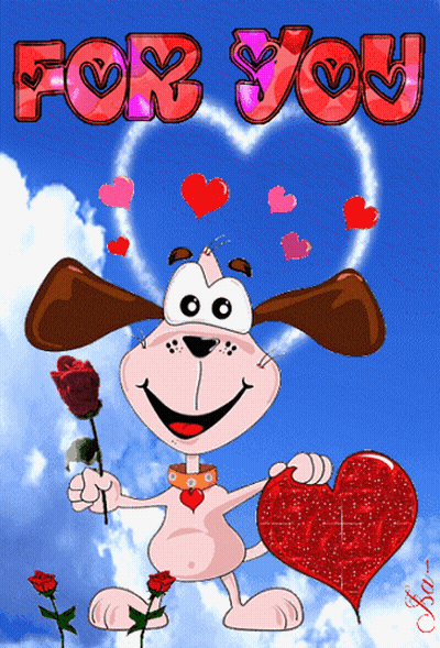 Cartoon Dog Holding Rose And Heart For You GIF