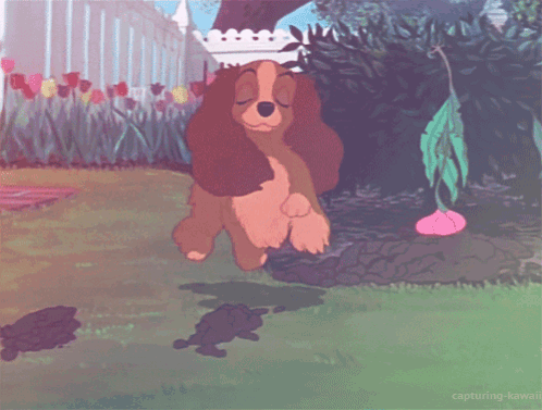 Cartoon Dog In Garden With Words Capturing Kawaii GIF