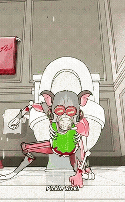 Cartoon Dog In Gas Mask On Toilet Holding Pickle GIF
