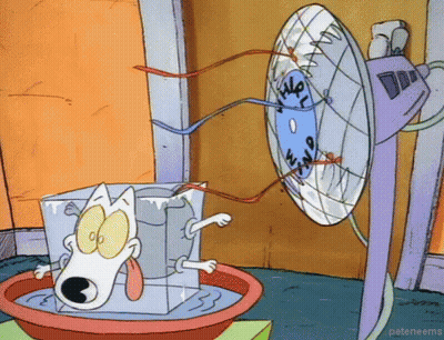 Cartoon Dog in Ice Cube Cooled by Fan