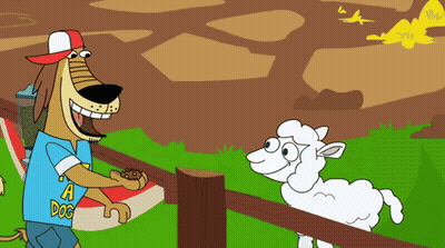 Cartoon Dog in Shirt Next to Sheep