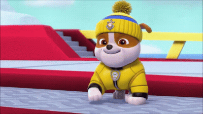Cartoon Dog In Yellow Hat And Jacket On Ramp GIF