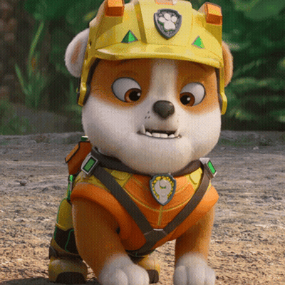 Cartoon Dog in Yellow Helmet With Paw Patrol Emblem