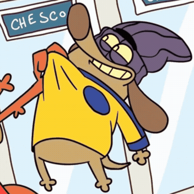 Cartoon Dog In Yellow Shirt And Purple Hat GIF
