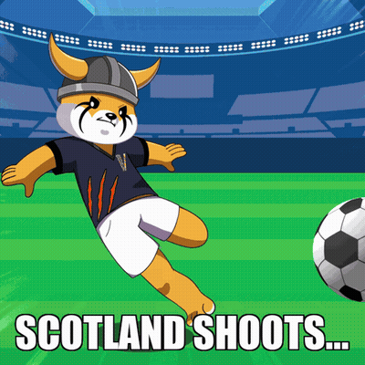 Cartoon Dog Kicking Soccer Ball Saying Scotland Shoots GIF
