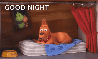 Cartoon Dog Laying On Bed With Bowl Saying Max GIF