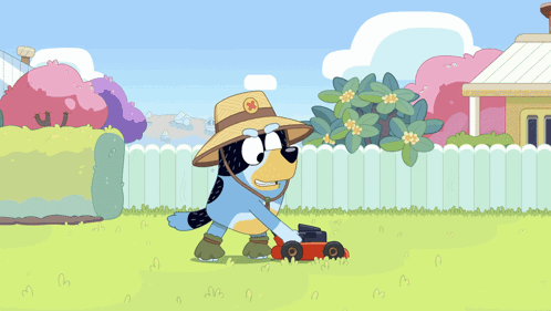 Cartoon Dog Mowing Lawn In Straw Hat GIF