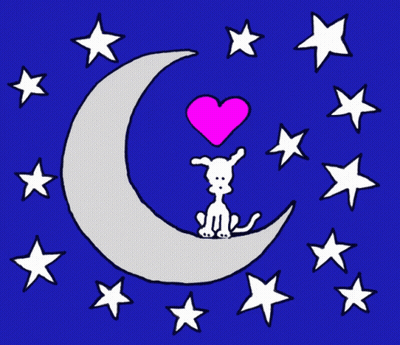 Cartoon Dog On Crescent Moon With Pink Heart In Mouth GIF