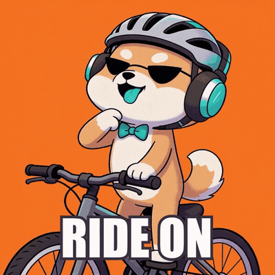 Cartoon Dog Riding Bike With Helmet And Headphones Saying Ride On GIF