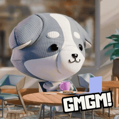 Cartoon Dog Sitting At Table With Laptop And Coffee And GMGM Sign GIF