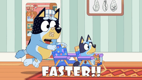 Cartoon Dog Sitting on Chair Saying Faster