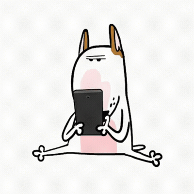 Cartoon Dog Sitting On Floor Looking At Tablet GIF