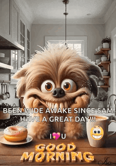 Cartoon Dog Sitting on Kitchen Table With Coffee and Donut