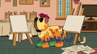 Cartoon Dog Wearing Beret at Easel