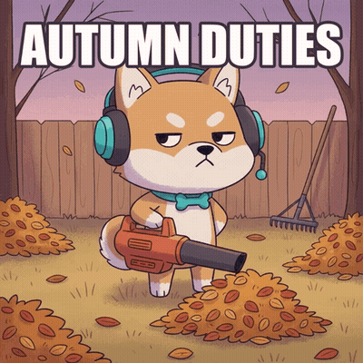 Cartoon Dog Wearing Headphones Blowing Leaves Autumn Duties GIF