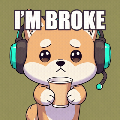 Cartoon Dog Wearing Headphones Holding Cup Saying I'm Broke