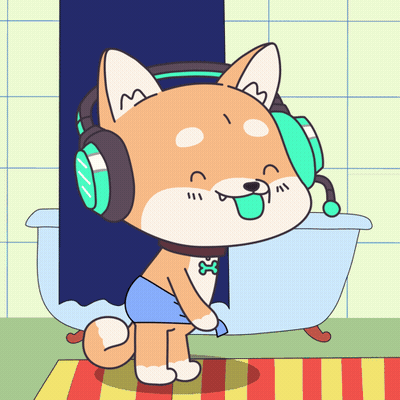 Cartoon Dog Wearing Headphones Next To Bathtub GIF