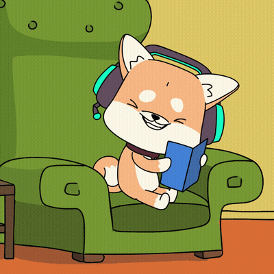 Cartoon Dog Wearing Headphones Reading Book GIF