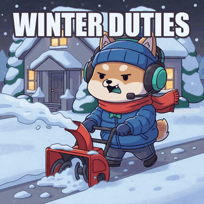 Cartoon Dog Wearing Headphones Using Snow Blower GIF