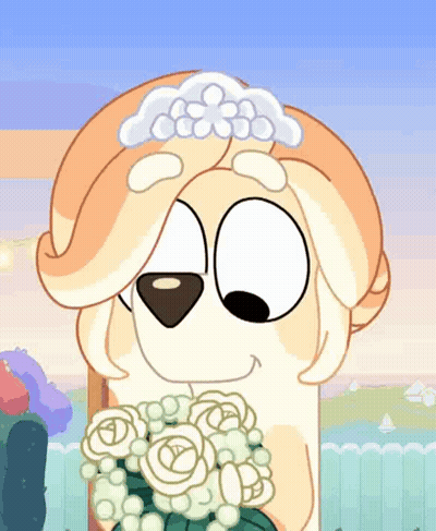 Cartoon Dog Wearing Tiara Holding Flowers GIF