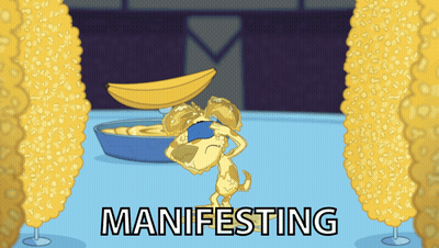 Cartoon Dog With Banana On Head Manifesting GIF