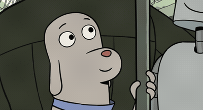 Cartoon Dog With Blue Collar Next To Robot GIF
